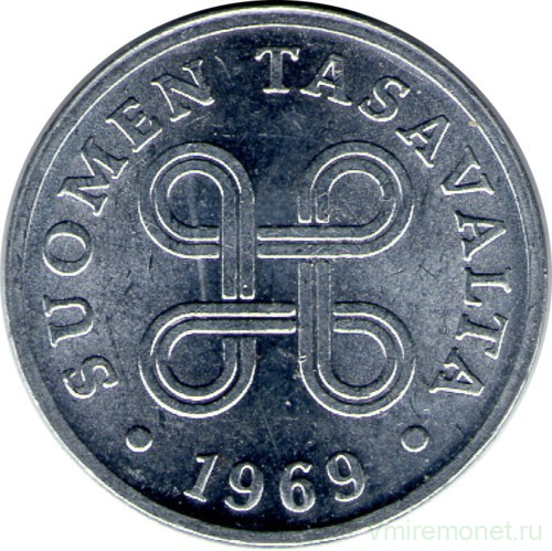 Монета. Финляндия. 1 пенни 1969 год (алюминий).