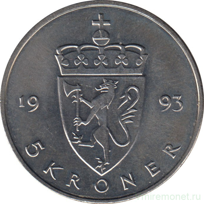 Монета. Норвегия. 5 крон 1993 год.