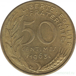 Монета. Франция. 50 сантимов 1963 год. Реверс - на шарфе 3 складки.  
