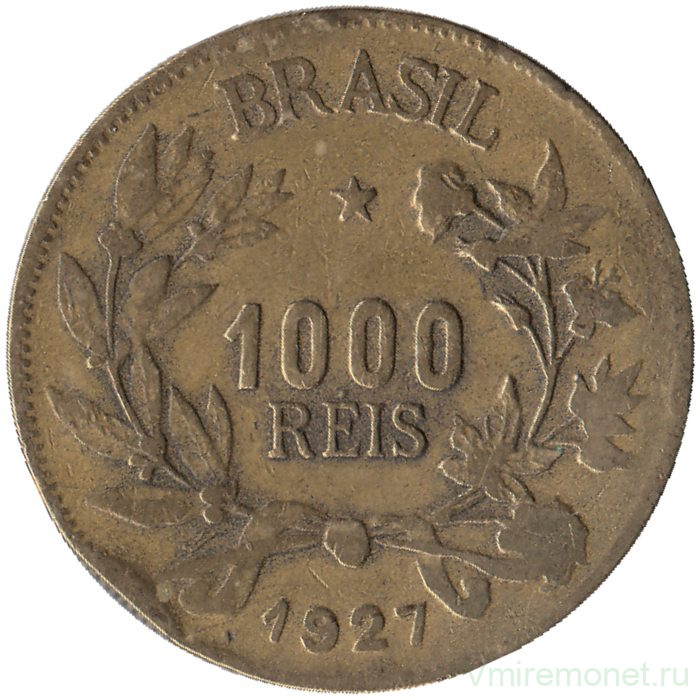 Монета. Бразилия. 1000 рейсов 1927 год.
