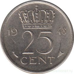 Монета. Нидерланды. 25 центов 1948 год.