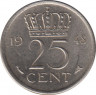 Монета. Нидерланды. 25 центов 1948 год. ав.