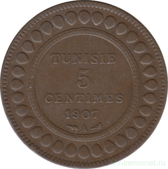 Монета. Тунис. 5 сантимов 1907 год.