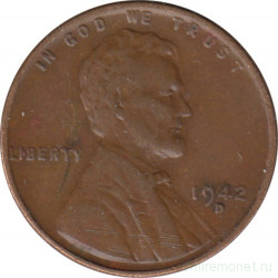 Монета. США. 1 цент 1942 год. Монетный двор D.
