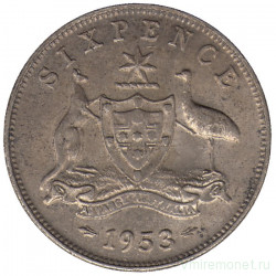 Монета. Австралия. 6 пенсов 1953 год.