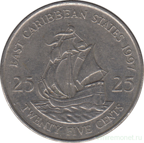 Монета. Восточные Карибские государства. 25 центов 1997 год.