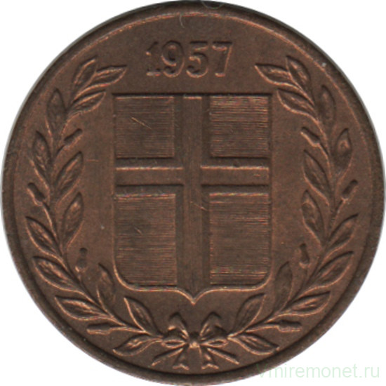 Монета. Исландия. 1 аурар 1957 год.