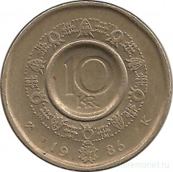 Монета. Норвегия. 10 крон 1986 год.