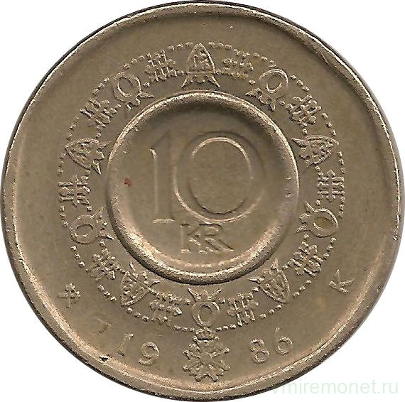 Монета. Норвегия. 10 крон 1986 год.