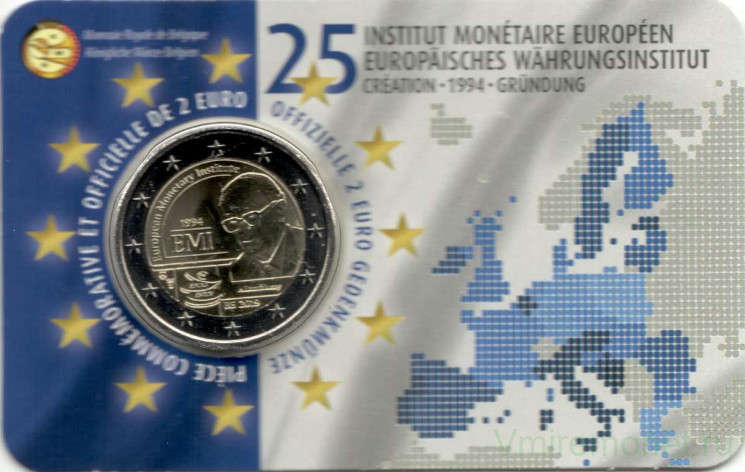Монета. Бельгия. 2 евро 2019 год. 25 лет Европейскому валютному институту. Коинкарта Belgique.
