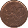 Монета. Канада. 1 цент 2012 год. Сталь покрытая медью. Реверс - кленовый лист. ав.