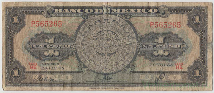 Банкнота. Мексика. 1 песо 1958 год. Тип 59d.