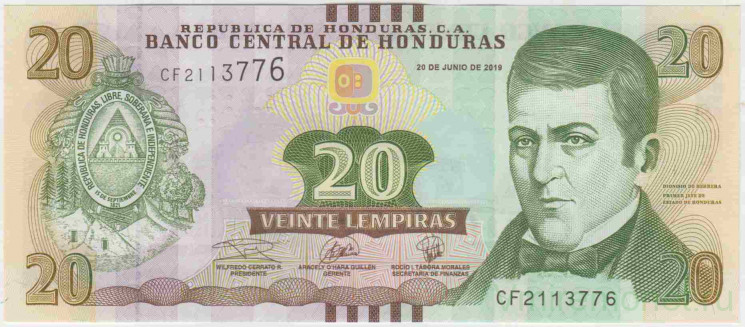 Банкнота. Гондурас. 20 лемпир 2019 год. Тип 100.