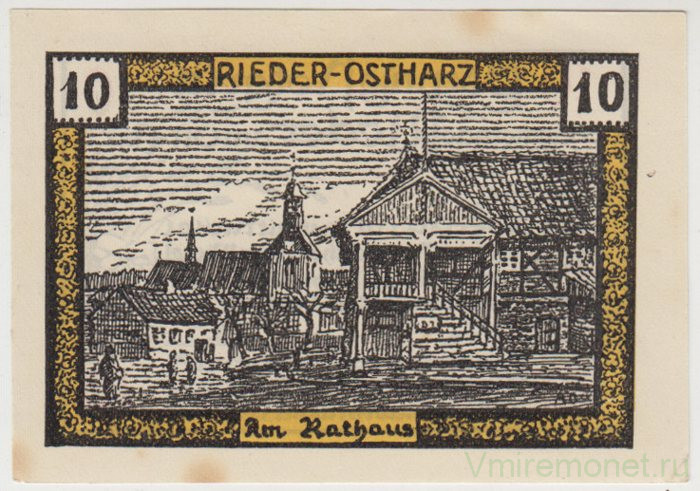 Бона. Нотгельд. Германия. Общество города Ридер. 10 пфеннигов 1921 год. Вариант 1122.1.а.1.