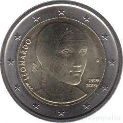 Монета. Италия. 2 евро 2019 год. 500 лет со дня смерти Леонардо да Винчи.