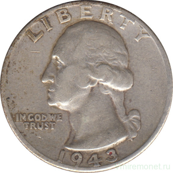 Монета. США. 25 центов 1943 год. Монетный двор D.