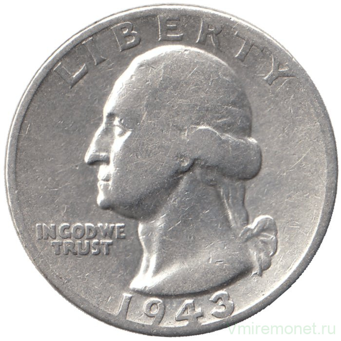 Монета. США. 25 центов 1943 год. Монетный двор D.
