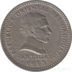 Монета. Уругвай. 10 сентесимо 1953 год.