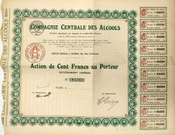 Акция. Франция. Париж. АО "COMPAGNIE CENTRALE DES ALCOOLS". Акция на предъявителя в 100 франков 1920 год.