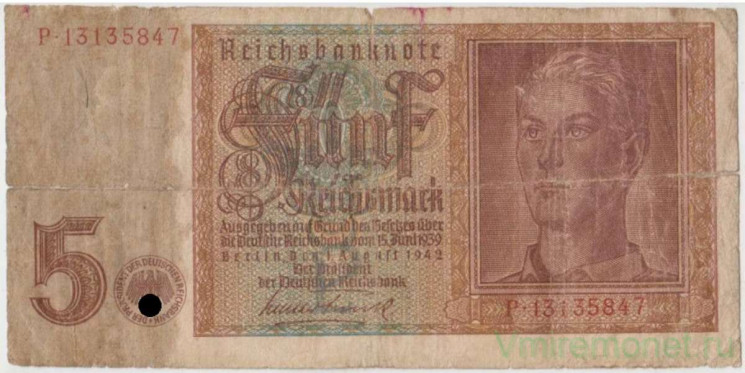 Банкнота. Германия. Третий рейх. 5 рейхсмарок 1942 год. Тип 186a (2).