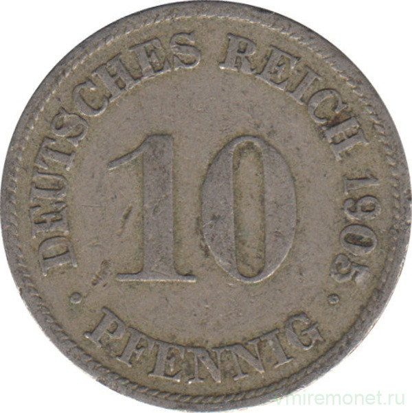 Монета. Германия (Германская империя 1871-1922). 10 пфеннигов 1905 год. (D).