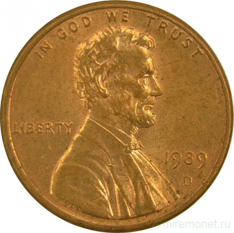 Монета. США. 1 цент 1989 год. Монетный двор D.