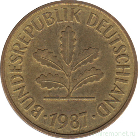 Монета. ФРГ. 5 пфеннигов 1987 год. Монетный двор - Штутгарт (F).