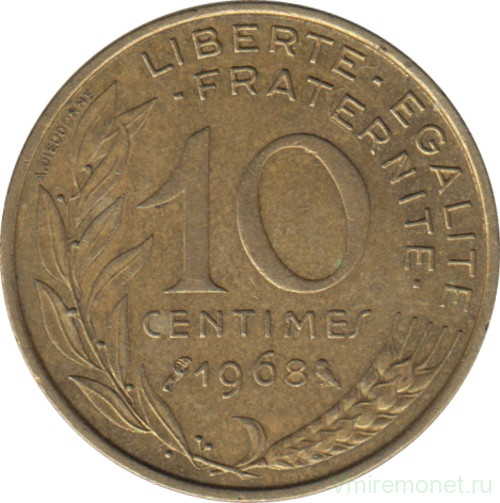 Монета. Франция. 10 сантимов 1968 год.