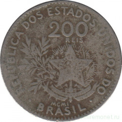 Монета. Бразилия. 200 рейсов 1901 год.