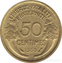 Монета. Франция. 50 сантимов 1939 год.
