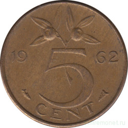 Монета. Нидерланды. 5 центов 1962 год.