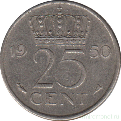 Монета. Нидерланды. 25 центов 1950 год.