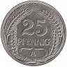 Монета. Германская империя. 25 пфеннигов 1909 год. (А).