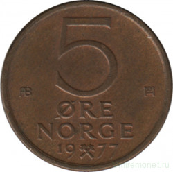 Монета. Норвегия. 5 эре 1977 год.