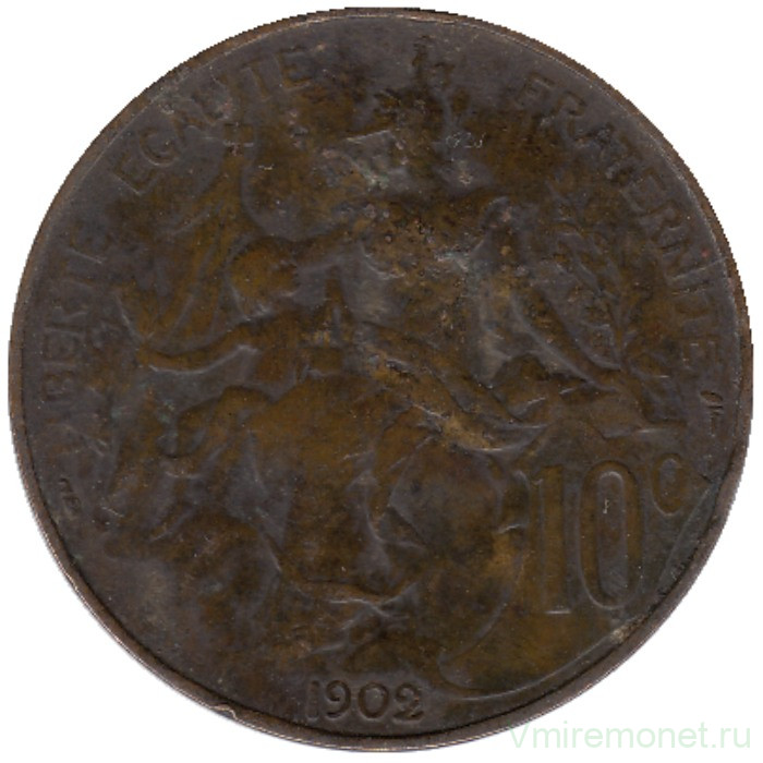 Монета. Франция. 10 сантимов 1902 год.