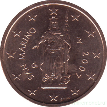 Монета. Сан-Марино. 2 цента 2007 год. 