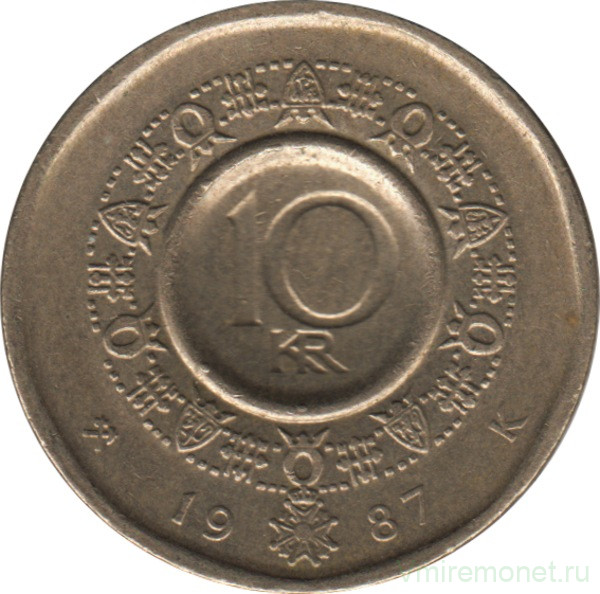 Монета. Норвегия. 10 крон 1987 год.