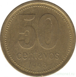 Монета. Аргентина. 50 сентаво 1993 год. Аверс - мелкий шрифт цифры.