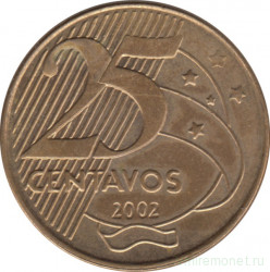 Монета. Бразилия. 25 сентаво 2002 год.