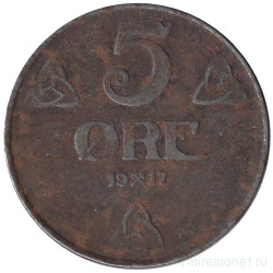 Монета. Норвегия. 5 эре 1917 год.