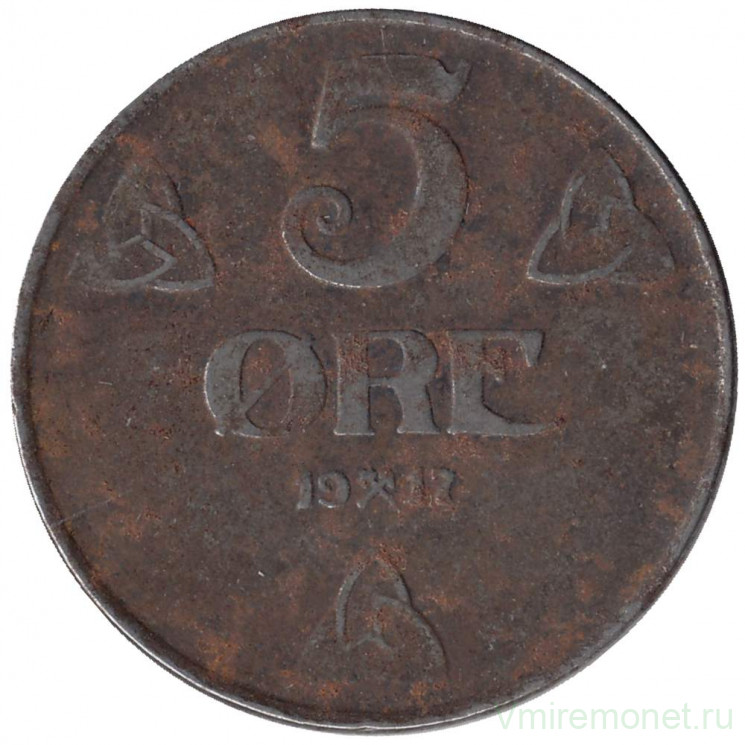 Монета. Норвегия. 5 эре 1917 год.
