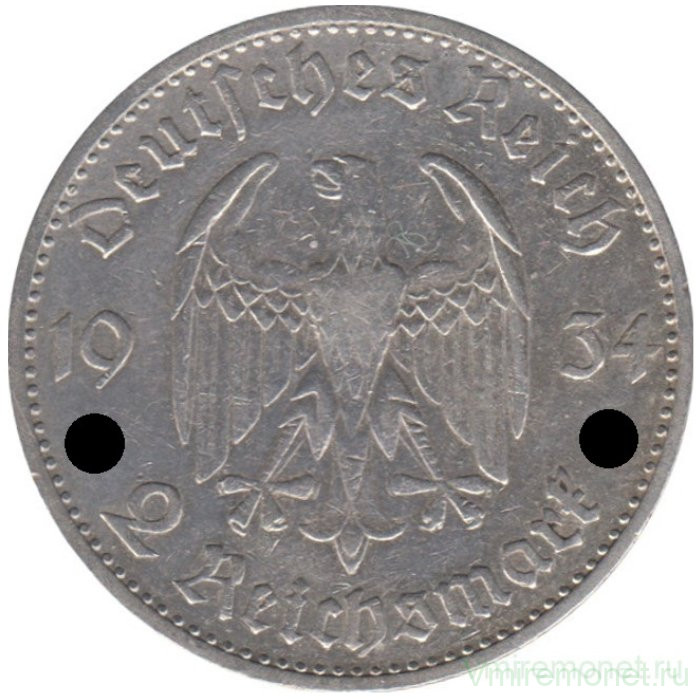Монета. Германия. Третий Рейх. 2 рейхсмарки 1934 год. Монетный двор - Берлин (А).