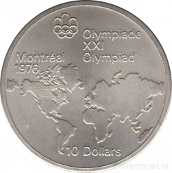 Монета. Канада. 10 долларов 1973 год. XXI летние Олимпийские Игры Монреаль 1976. Карта мира.