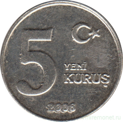 Монета. Турция. 5 курушей 2006 год.