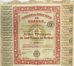Акция. Франция. Париж. АО "CHAUX ET CIMSRUS DE CHANAZ". Привилигерованная акция на предъявителя в 100 франков 1924 год.
