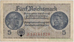 Банкнота. Германия. Третий рейх. Немецкие оккупационные деньги. 5 рейхсмарок 1940-1945 годы.Серийный номер - буква, восемь цифр (красные). Тип R138b.