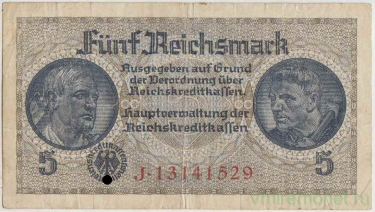 Банкнота. Германия. Третий рейх. Немецкие оккупационные деньги. 5 рейхсмарок 1940-1945 годы.Серийный номер - буква, восемь цифр (красные). Тип R138b.