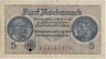 Банкнота. Германия. Третий рейх. Немецкие оккупационные деньги. 5 рейхсмарок 1940-1945 годы.Серийный номер - буква, восемь цифр (красные). Тип R138b.
