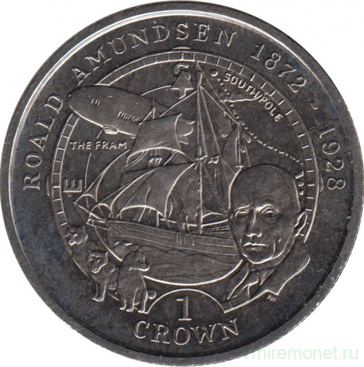 Монета. Великобритания. Остров Мэн. 1 крона 2001 год. Мореплаватели. Руаль Амундсен.