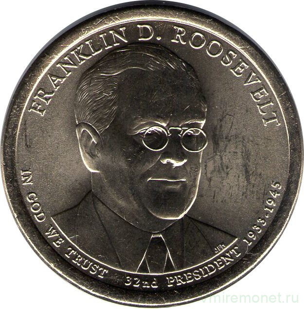 Монета. США. 1 доллар 2014 год. Президент США № 32, Франклин Рузвельт. Монетный двор D.